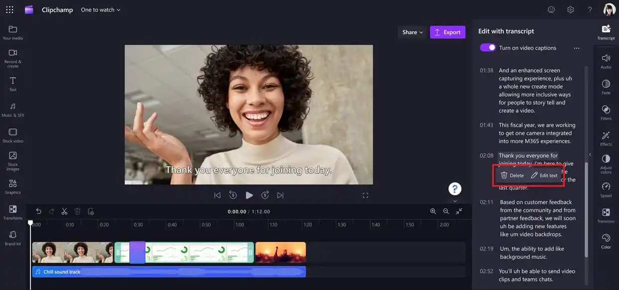 Microsoft 365 Insider Clipchamp AI转录视频编辑工具_基于转录文本简化视频剪辑流程_视频剪辑工具