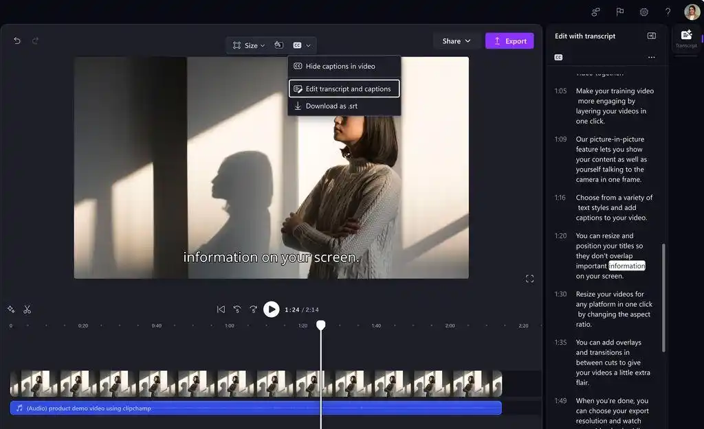 Microsoft 365 Insider Clipchamp AI转录视频编辑工具_基于转录文本简化视频剪辑流程_视频剪辑工具