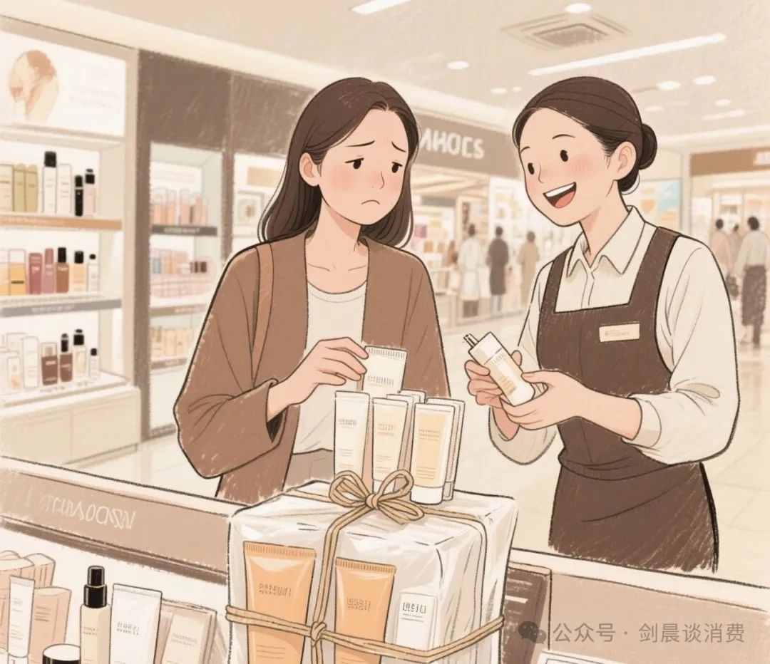 （护肤品销售正极力向客户推销“护肤套装”）